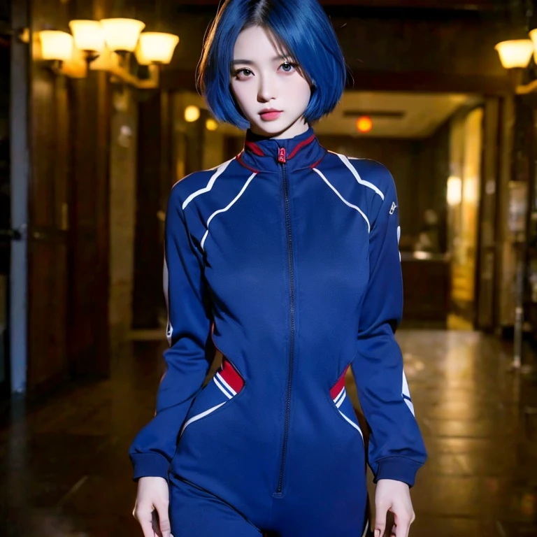 In the real world, One woman photo, Upper body photo, Only one woman, 
A dignified expression, Real women, Adult women, Beautiful woman, Combat uniform, Xiejin, Long-sleeved jacket, Long pants, Full body combat suit, 
Looking to the side, 
Navy Blue Hair, Dark blue short hair, Hair is dark blue, 
Red eyes, Red Eyes, Crimson Eyes, small breasts, 