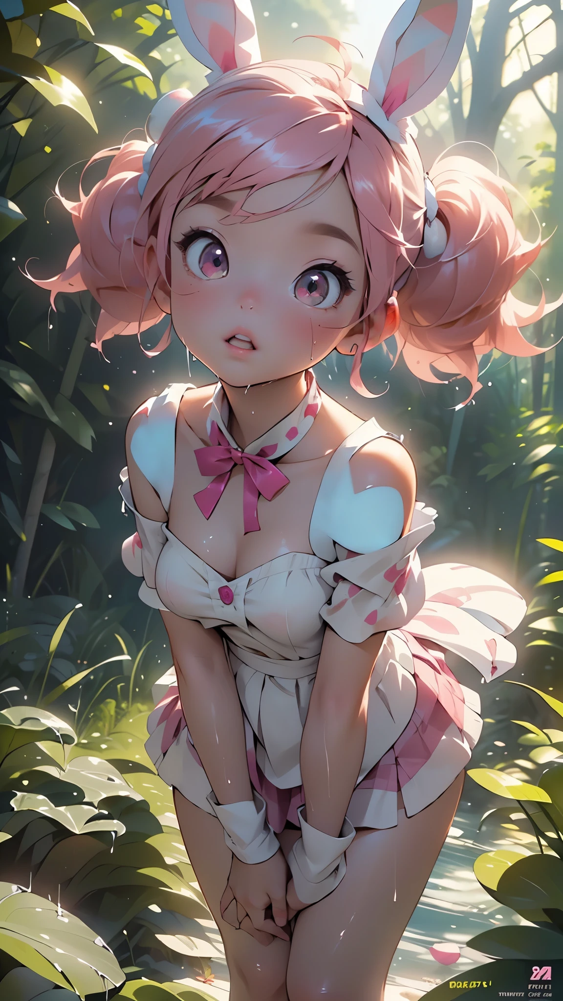 cute bunny girl,(((1girl))),((bunny girl with extremely cute and beautiful bubblegum pink hair)),(((bunny girl:1.5,anthro furry cute,bunny-girl))),(((bunny white ears:1.5,bunny white ears on head:1.5,big bunny white ears))),(),
(large chest:1.4),(((bubblegum pink hair, twintails hair with huge magenta bows,large bubblegum pink hair))),((magenta_eyes)),intricate eyes,beautiful detailed eyes,symmetrical eyes,big eyes:1.5,((fat)),(((lustrous skin:1.5,bright skin: 1.5,skin tanned,shiny skin,very shiny skin,shiny body,plastic glitter skin,exaggerated shiny skin,illuminated skin,wet legs))),(spider lower abdomen,narrow waist,wide hip,athletic body,inflated legs, thick thighs,detailed body,(detailed face)),small stature,
cute,slutty,seductive,erotic,(nsfw),
((Pink bow at the neck)), (((strapless white blouse with short sleeves, bare shoulders))),((pink pleated mini skirt with white ruffles,pink mini skirt)), ((magenta ribbons on her wrists)),((some huge dice adorn her hairstyle)),
(dynamic pose:1.0),solo focus,embarrassed,(centered,scale to fit dimensions,Rule of thirds),
((pine forest)),scenery:1.25,((intricate scenery)),((forest background)),
(Glossy pastel ornaments),highres,sharp focus,(ultra detailed,extremely detailed),(photorealistic artwork:1.37),(extremely detailed CG unity 8k wallpaper),(((vibrant colors,vibrant theme))),(intricate),(masterpiece),(best quality),artistic photography,(photography taken by sldr),(intricate background),perfect rendered face,perfect face details,realistic face,photo realistic,((intricate detail)),(((realism))),