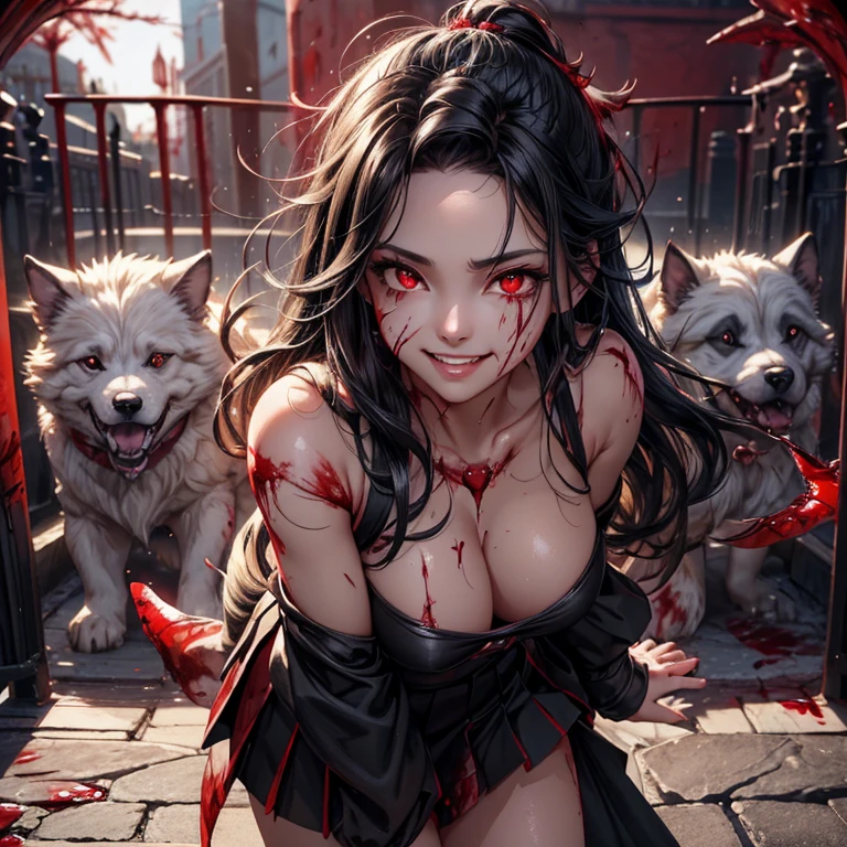 masterpiece, best quality, 8K wallpaper, HDR, octane rendering. A girl with a black pleated miniskirt with embroidery, hell gate in the background, destruction, ((Cerberus, three-headed dog, is the guard of the gate)), girl hiding behind rock, break, the girl has (Messy hair, shiny black hair:1.2), (Beautiful and detailed face with perfect symmetry), (Beautiful and detailed red eyes:1.2), (Soft lips, smile, teeth:1.2), (Body with perfect anatomy, perfect natural texture, high details , glowing skin) cinematic lighting, vivid colors, detailed illustration, depth of field, (blood effect:1.5).