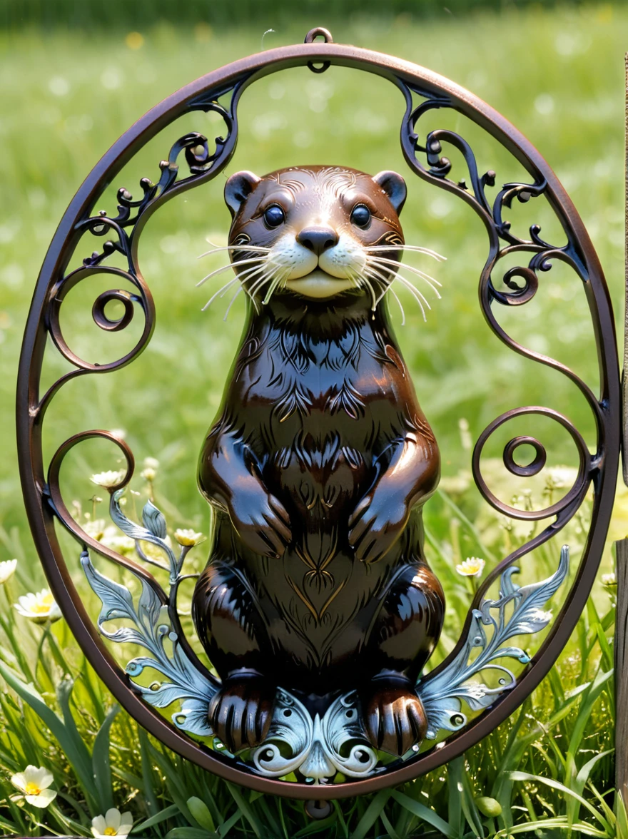 Cast iron otter with filigree and wavy metal swirls, Full transparency, Sunny meadow background,