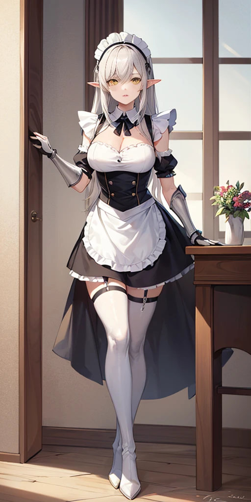 (mature female:1.4), masterpiece, best quality (maid, maid headdress, maid apron), standing, indoors, window, masterpiece, best quality, high quality, white SKIN elf, long hair, white hair, yellow eyes, full body, def_effie, blue breastplate, white skin, looking at viewer, shiny armor, thigh highs, high boots, shoulder armor, faulds, poleyn, gloves, gauntlets
