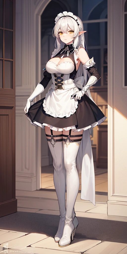 (mature female:1.4), masterpiece, best quality (maid, maid headdress, maid apron), standing, indoors, window, masterpiece, best quality, high quality, white SKIN elf, long hair, white hair, yellow eyes, full body, def_effie, blue breastplate, white skin, looking at viewer, shiny armor, thigh highs, high boots, shoulder armor, faulds, poleyn, gloves, gauntlets