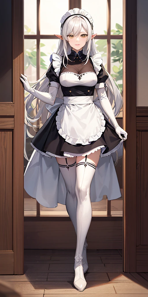 (mature female:1.4), masterpiece, best quality (maid, maid headdress, maid apron), standing, indoors, window, masterpiece, best quality, high quality, white SKIN elf, long hair, white hair, yellow eyes, full body, def_effie, blue breastplate, white skin, looking at viewer, shiny armor, thigh highs, high boots, shoulder armor, faulds, poleyn, gloves, gauntlets