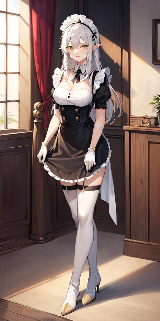 (mature female:1.4), masterpiece, best quality (maid, maid headdress, maid apron), standing, indoors, window, masterpiece, best quality, high quality, white SKIN elf, long hair, white hair, yellow eyes, full body, def_effie, blue breastplate, white skin, looking at viewer, shiny armor, thigh highs, high boots, shoulder armor, faulds, poleyn, gloves, gauntlets
