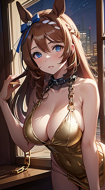 top-quality、Top image quality、super creek \(umamusume\)、masterpiece、girl with((20yr old、Best Bust、big bast、Bust 85、Breasts wide open、A slender、Large valleys、Gold Bikini、Gold Dress,Leaning forward、Reflecting the whole body))hiquality、Beautiful Art、Background with((Luxury Hotels、Golden Chain、Window with night view)))masutepiece、visualart、depth of fields、
