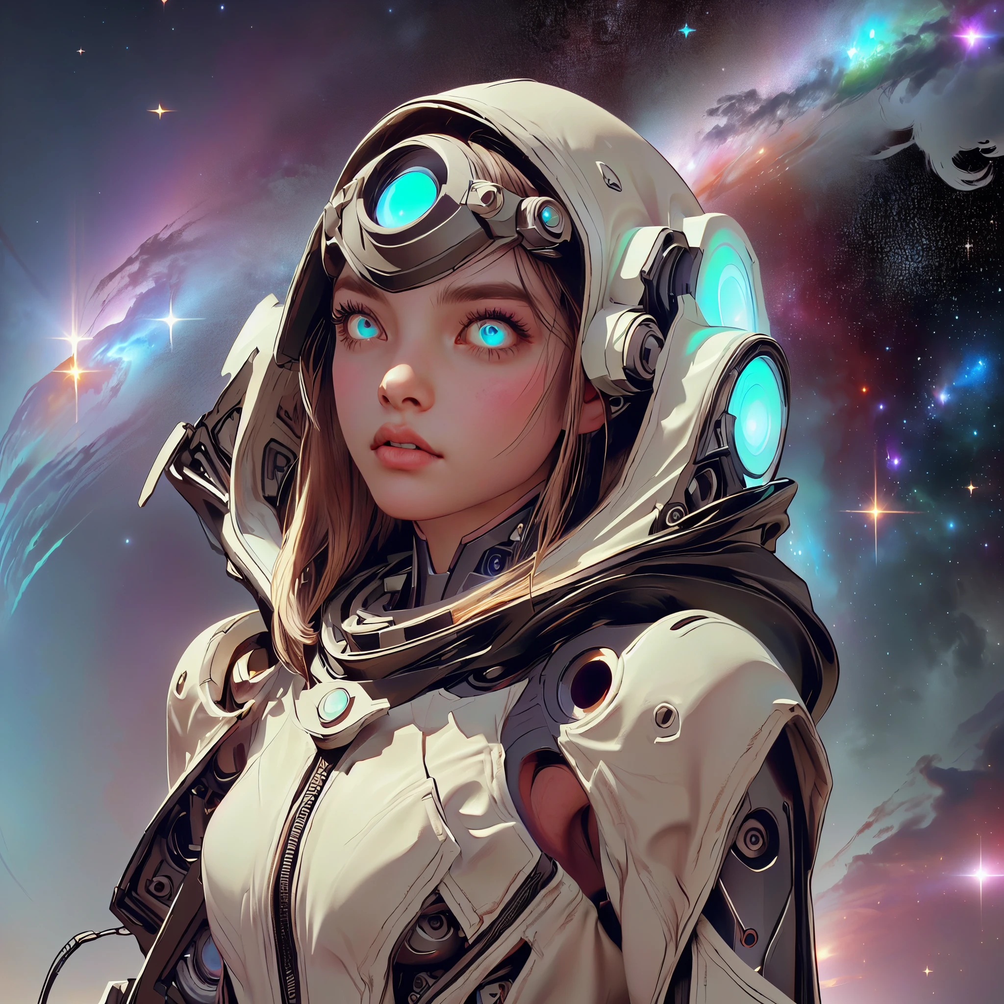 (symmetrical, beautiful eyes) there is a screenshot of a woman in a space suit, a cosmic girl, an event, a cosmic entity, incriminate content details, endless cosmos in the background, historical event, real event, astral background, cosmic background, cosmic goddess, cyborg goddess in cosmos, celestial cosmos, game interface, violet battlefield theme, cosmic style, hyperdetailed content, background details.