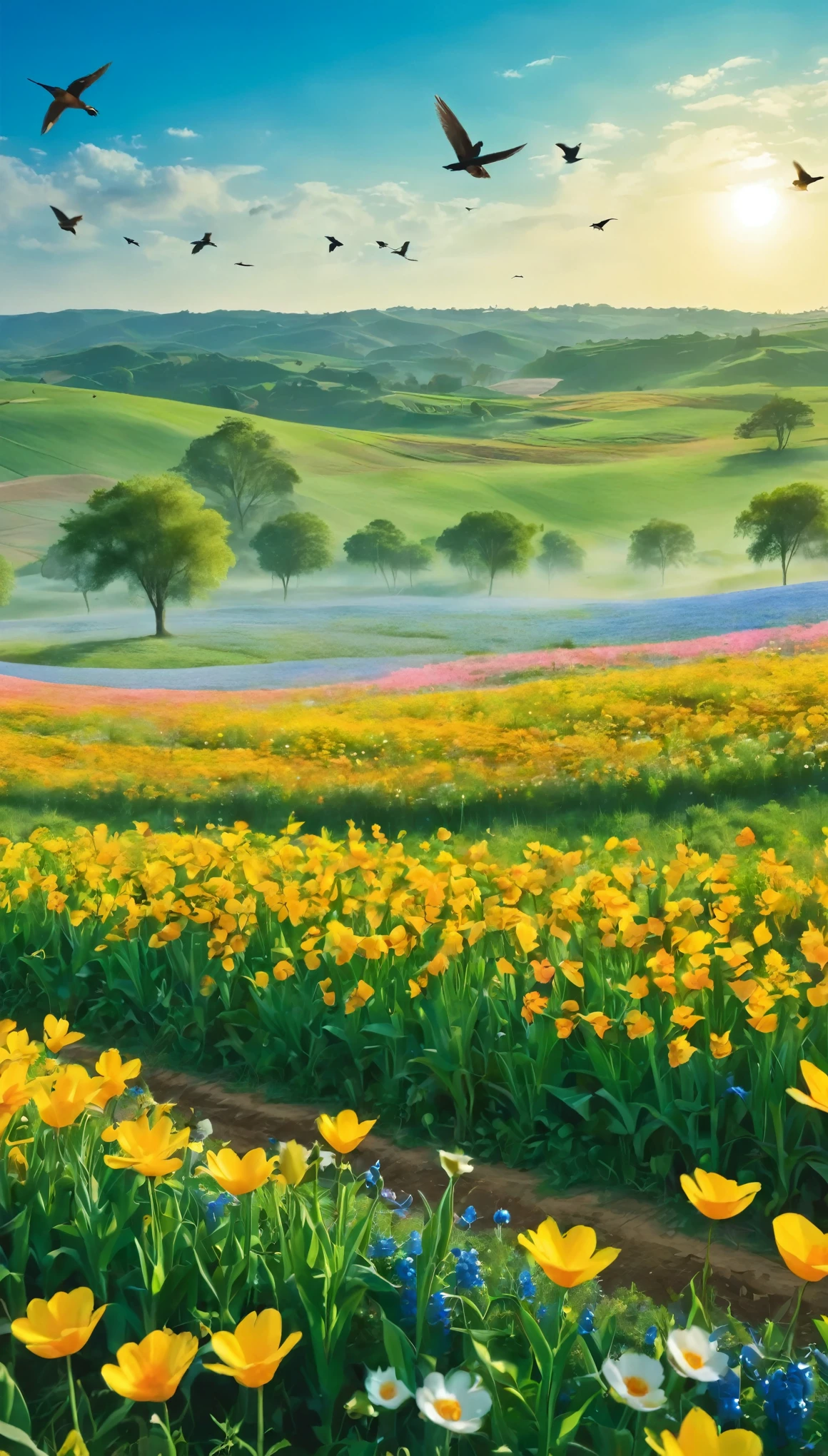 Pessoa colhendo flores de um campo. Beautiful landscape of a flower field on a spring morning. in the blue sky, birds flying. cinematic lighting. Feeling of satisfaction. Ultra HD. Altamente detalhado. Pessoa colhendo flores em primeiro plano 