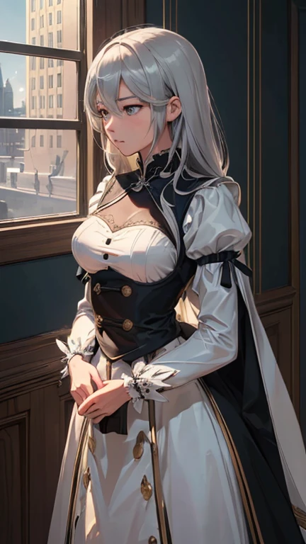 (Very detailed CG ユニティ 8k 壁紙), (masterpiece), (highest quality), (Very detailed), (Best illustrations), (Best Shadow), (Absurd) ,(Fine grain), 2b, One girl, Long Hair, Gray Hair, alone, Intimidating woman, Admiral&#39;s Uniform, night, Hero Pose, White clothes, General uniform, uniform, sunlight, sunlightにさらされる,commander, Fighting Pose, wear a cape