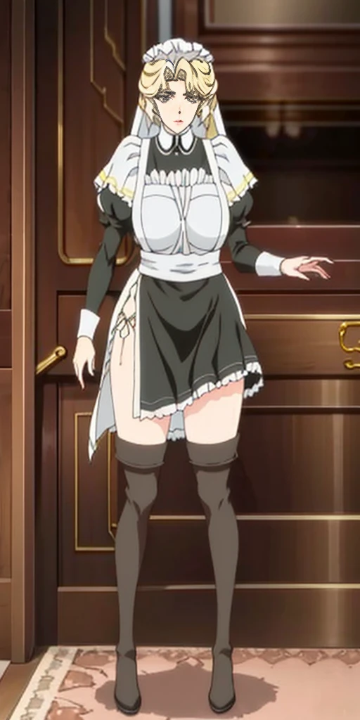 (mature female:1.4), masterpiece, best quality (maid, maid headdress, maid apron), standing, indoors, window, masterpiece, best quality, high quality, white SKIN elf, long hair, white hair, yellow eyes, full body, def_effie, blue breastplate, white skin, looking at viewer, shiny armor, thigh highs, high boots, shoulder armor, faulds, poleyn, gloves, gauntlets