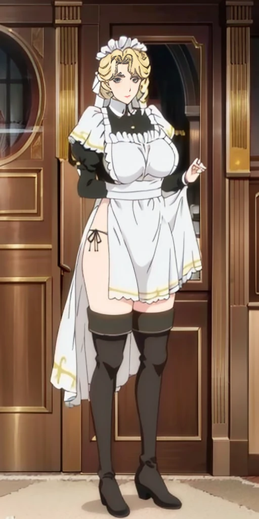 (mature female:1.4), masterpiece, best quality (maid, maid headdress, maid apron), standing, indoors, window, masterpiece, best quality, high quality, white SKIN elf, long hair, white hair, yellow eyes, full body, def_effie, blue breastplate, white skin, looking at viewer, shiny armor, thigh highs, high boots, shoulder armor, faulds, poleyn, gloves, gauntlets
