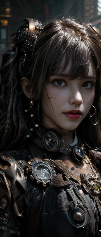 (UHD, Retina, masterpiece, precise, Anatomically_Accurate, Textured_skin, excellent_detail, High_details, High_quality, the best_quality, High_The reservoir, 1080p, HD, 4K, 8k, 16K), (fair_detailed_Eyes, fair_detailed_Lips, extremely_detailed_Eyes_and_Face), Soft_light, Physically based_Rendering, vivid_color, (Large target_breast:1.5), (shining_hair, shining_skin, Tanning_skin, Face红), (Bangs:1.5), Eye_reflection, (Bokeh), Half outline_view, (steampunk, steam_strength, Retro-futurism, Victorian Era_aesthetics, gear_and_bell_gears, bronze:1.5),
