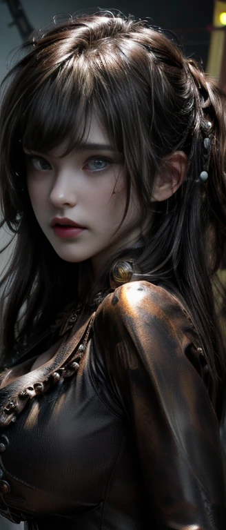 (UHD, Retina, masterpiece, precise, Anatomically_Accurate, Textured_skin, excellent_detail, High_details, High_quality, the best_quality, High_The reservoir, 1080p, HD, 4K, 8k, 16K), (fair_detailed_Eyes, fair_detailed_Lips, extremely_detailed_Eyes_and_Face), Soft_light, Physically based_Rendering, vivid_color, (Large target_breast:1.5), (shining_hair, shining_skin, Tanning_skin, Face红), (Bangs:1.5), Eye_reflection, (Bokeh), Half outline_view, (steampunk, steam_strength, Retro-futurism, Victorian Era_aesthetics, gear_and_bell_gears, bronze:1.5),