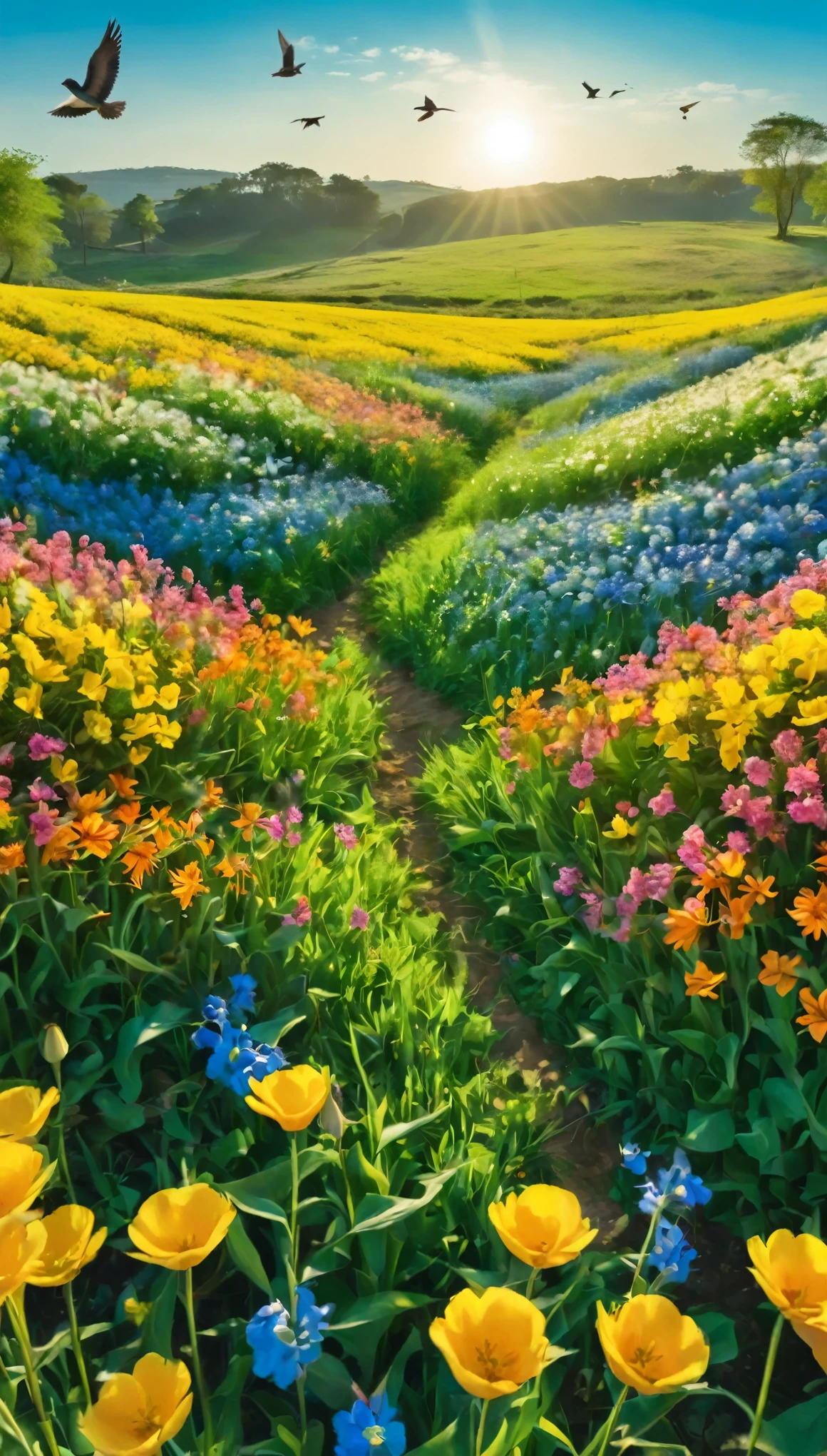 Pessoa colhendo flores de um campo. Beautiful landscape of a flower field on a spring morning. in the blue sky, birds flying. cinematic lighting. Feeling of satisfaction. Ultra HD. Altamente detalhado. Pessoa colhendo flores em primeiro plano 