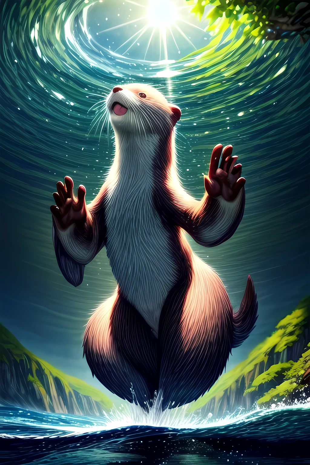 (best quality,highres),An Otter,sparkling water,playful,curious eyes,floating on its back,smooth fur,water droplets,shiny whiskers,slippery rocks,green vegetation,rippling waves,reflection of the sun,clear blue sky,vivid colors,natural habitat,splashing water,joyful movement,peaceful atmosphere,sunlit day,serene energy,water ripples,graceful swim,catching fish,dreamy scenery,endearing expression,blissful moment,masterpiece:1.2