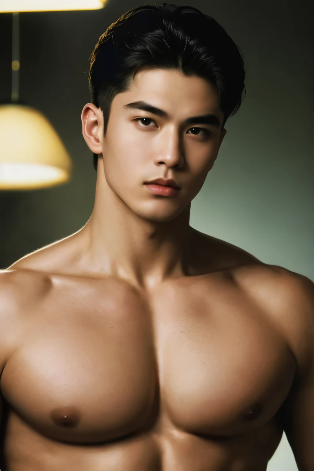 (best quality,ultra-detailed,high resolution,masterpiece:1.2),detailed portrait of a man with extraordinary physique,(realistic,photo-realistic:1.37),epic scene,dark aeshtetic,Japanese artist Rumiko's interpretation of 90s and 80s retro style,fine brushwork,evocative atmosphere,moody lighting,strong contrast, vivid colors,multiple focus points,impeccable attention to facial features and musculature,seamless blending of traditional and contemporary influences,expressive eyes and lips,captivating gaze,impressive body proportions,intricately crafted clothing inspired by the 90s and 80s fashion,confident and charismatic posture,memorable and nostalgic flair.