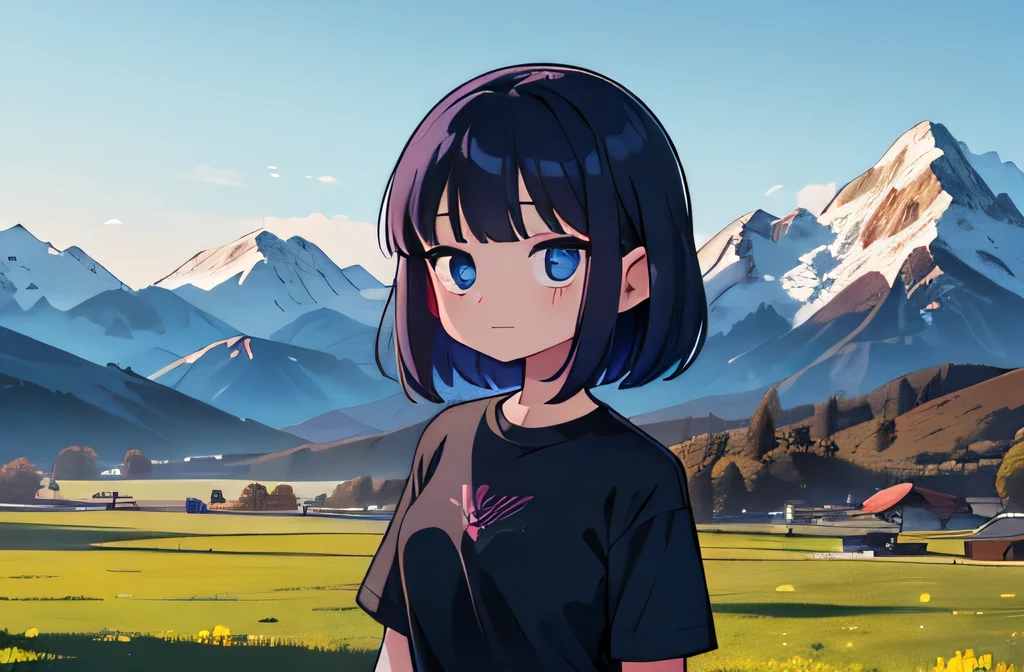 (Ultra bright color, Masterpiece, Best quality, blossom, Warm, soft light, modern, Hi-tech), 1 girl, One, standing tall, full length, (mountains background:1.4), black T-shirt without print, beautiful detailed face, slight smile, (blue) Medium hair, (detailed (blue) Ruby eyes), young, small breasts