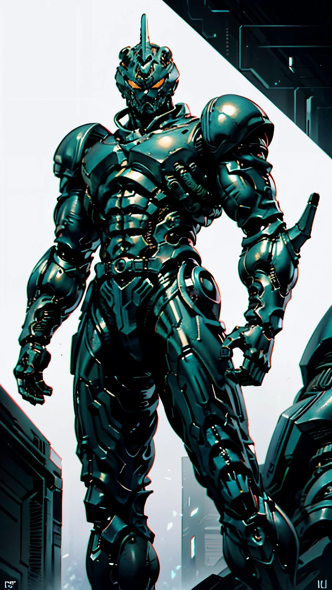 A man wearing a full-face helmet, a fantasy-style biotech armored combat suit, green eyes, (a composite layered chest armor), fully enclosed shoulder guards, matching arm and leg guards, the belt is adorned with fangs biting into gem, (the color scheme is primarily black with red accents), the design balances heavy with agility, a high-tech bio-mecha armor, (Armor Concept Inspired by Lion, stand on the top of a skyscraper in a futuristic sci-fi city), this character embodies a finely crafted fantasy-surreal style armored hero in anime style, exquisite and mature manga art style, (element, plasma, energy, the armor glows), ((male:1.5)), metallic, real texture material, dramatic, high definition, best quality, highres, ultra-detailed, ultra-fine painting, extremely delicate, professional, perfect body proportions, golden ratio, anatomically correct, symmetrical face, extremely detailed eyes and face, high quality eyes, creativity, RAW photo, UHD, 32k, Natural light, cinematic lighting, masterpiece-anatomy-perfect, masterpiece:1.5