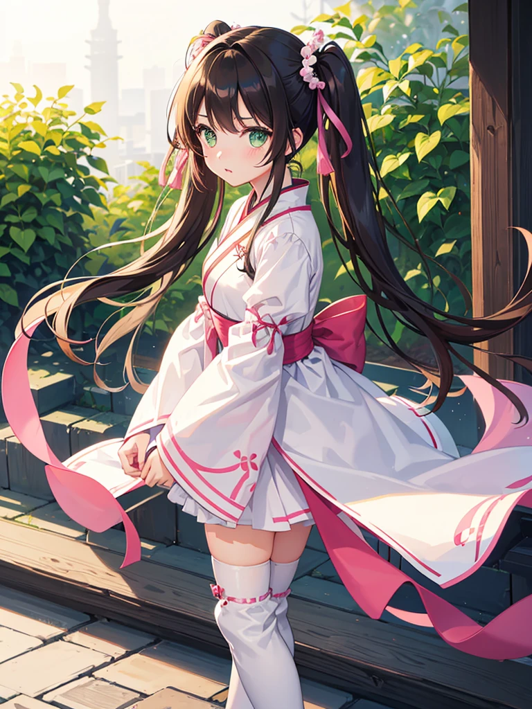 A pure girl、Green Eyes、Brown hair in medium-length twin tails with pink ribbons、The black Japanese-style Chinese dress has no sleeves and is ruffled、White long boots
