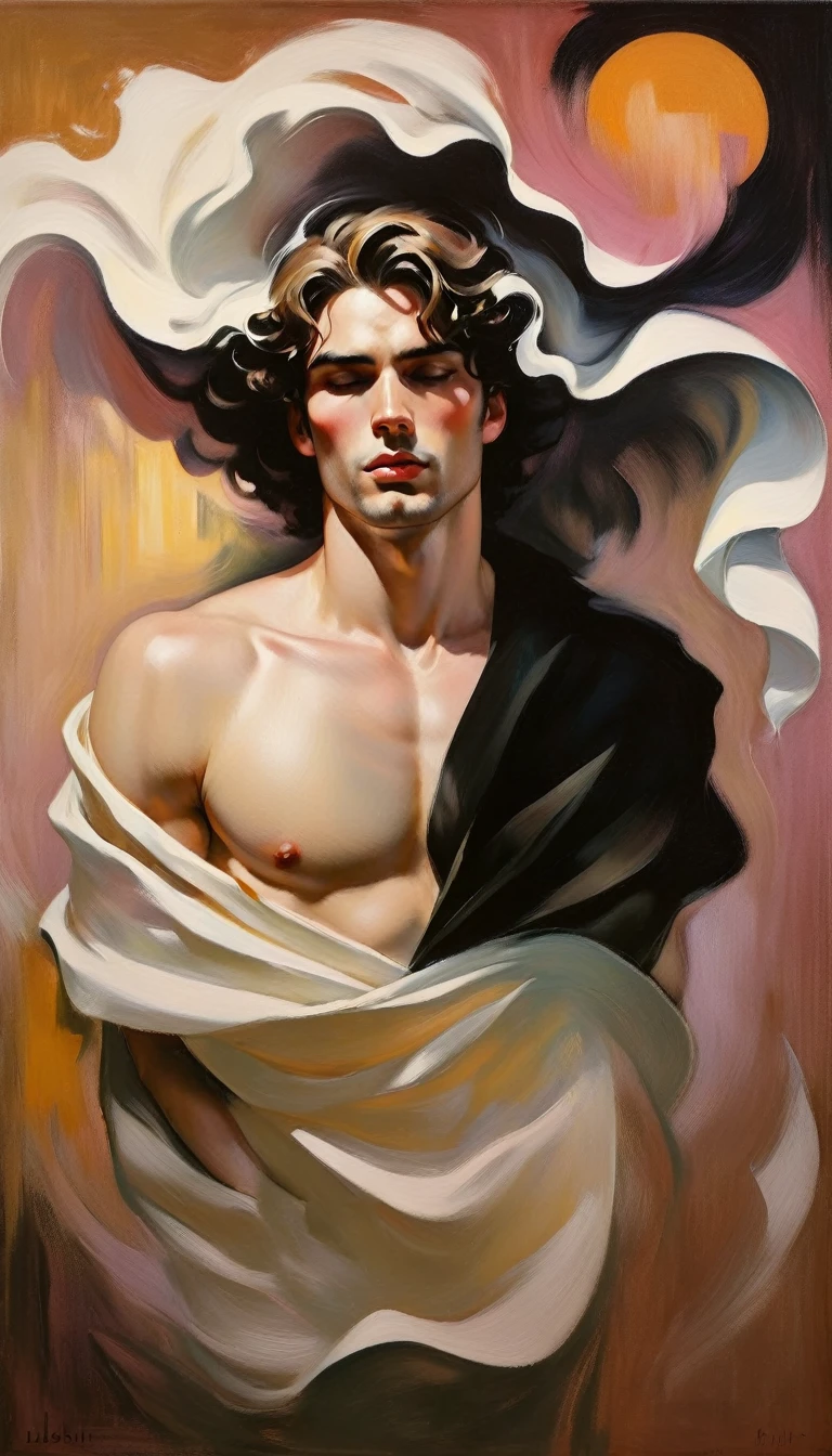 chiaroscuro technique on sensual illustration of an arafed man in white, sexy masculine, diego fazio, male model, by Ludovit Fulla, model with attractive body, inspired by Ludovit Fulla, mid-shot of a hunky, the model draped in flowing, thick oil painting by Harumi Hironaka, extremely soft colors, vibrant, highly detailed, malcolm liepke painting, oil on canvas, high contrast, dramatic, refined, tonal, Create high contrast between light and shadow 