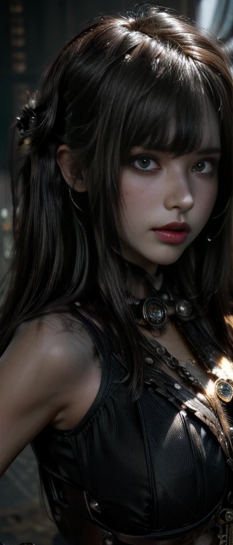 (UHD, Retina, masterpiece, precise, Anatomically_Accurate, Textured_skin, excellent_detail, High_details, High_quality, the best_quality, High_The reservoir, 1080p, HD, 4K, 8k, 16K), (fair_detailed_Eyes, fair_detailed_Lips, extremely_detailed_Eyes_and_Face), Soft_light, Physically based_Rendering, vivid_color, (Large target_breast:1.5), (shining_hair, shining_skin, Tanning_skin, Face红), (Bangs:1.5), Eye_reflection, (Bokeh), Half outline_view, (steampunk, steam_strength, Retro-futurism, Victorian Era_aesthetics, gear_and_bell_gears, bronze:1.5),Bikini
