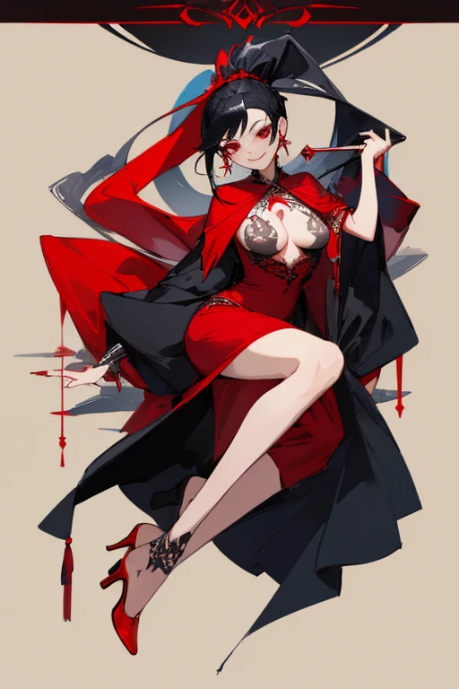 ((Highest quality)), ((masterpiece)), (be familiar with),One female,Black Hair,Red eyes,Black Dress,Chest tattoo, Uterus tattoo,Bewitching Smile,Heel,Black Hair,Hair tied around the neck,Red shawl,Erect nipples,(whole body),Slanted Eyes
