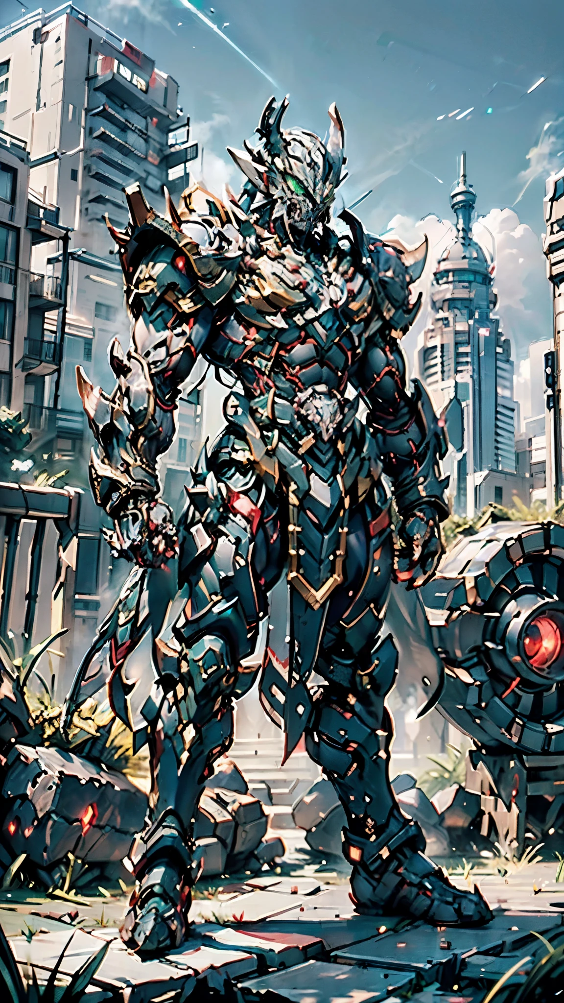 A man wearing a full-face helmet, a fantasy-style biotech armored combat suit, green eyes, (a composite layered chest armor), fully enclosed shoulder guards, matching arm and leg guards, the belt is adorned with fangs biting into gem, (the color scheme is primarily black with red accents), the design balances heavy with agility, a high-tech bio-mecha armor, (Armor Concept Inspired by Lion, stand on the top of a skyscraper in a futuristic sci-fi city), this character embodies a finely crafted fantasy-surreal style armored hero in anime style, exquisite and mature manga art style, (element, plasma, energy, the armor glows), ((male:1.5)), metallic, real texture material, dramatic, high definition, best quality, highres, ultra-detailed, ultra-fine painting, extremely delicate, professional, perfect body proportions, golden ratio, anatomically correct, symmetrical face, extremely detailed eyes and face, high quality eyes, creativity, RAW photo, UHD, 32k, Natural light, cinematic lighting, masterpiece-anatomy-perfect, masterpiece:1.5
