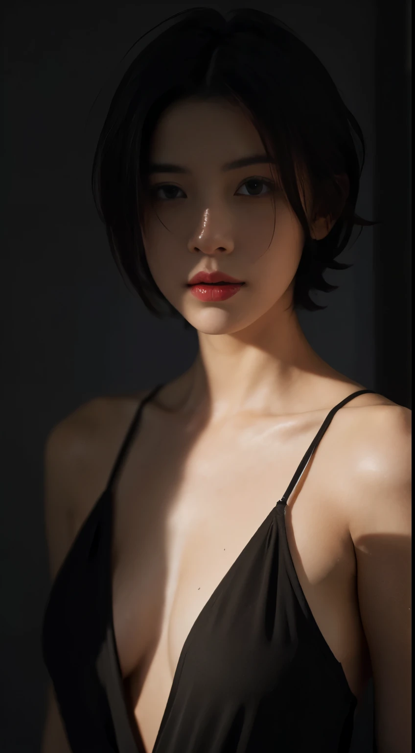 Best quality, masterpiece, ultra high res, (photorealistic:1.5), raw photo, 1girl, in the dark, deep shadow, low key, cold light, sexy look, short hair, swimsuit