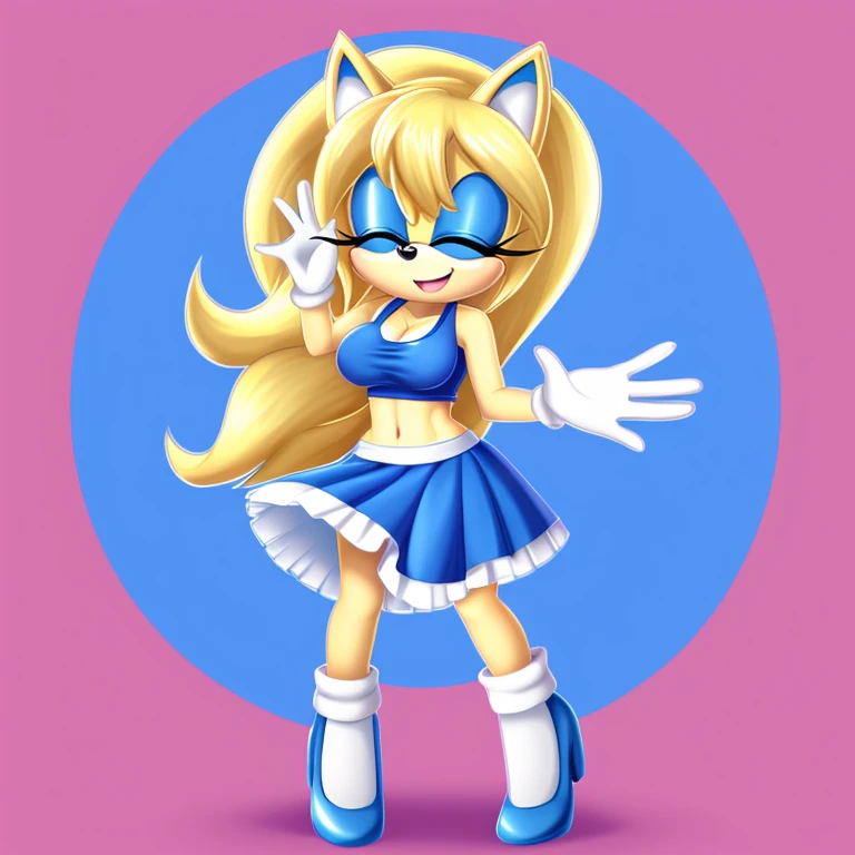 Elina the blonde hedgehog,Hedgehog, blonde fur,fluffy fur,bright blue eyes, fluffy blonde fur, standing, (((VERY long fluffy blonde quills/hair)))hill background,white crop top with boob window,average sized breast,perfect female shape,midriff,small white skirt dress,white heels, white gloves, blue rings,eyelids close upside, smiling, waving with one hand(facing viewer)eyes closed,smiling expression,waving viewer with one hand
