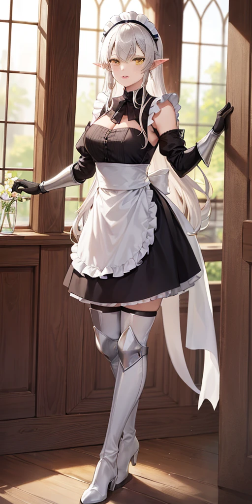 (mature female:1.4), masterpiece, best quality (maid, maid headdress, maid apron), standing, indoors, window, masterpiece, best quality, high quality, white SKIN elf, long hair, white hair, yellow eyes, full body, def_effie, blue breastplate, white skin, looking at viewer, shiny armor, thigh highs, high boots, shoulder armor, faulds, poleyn, gloves, gauntlets