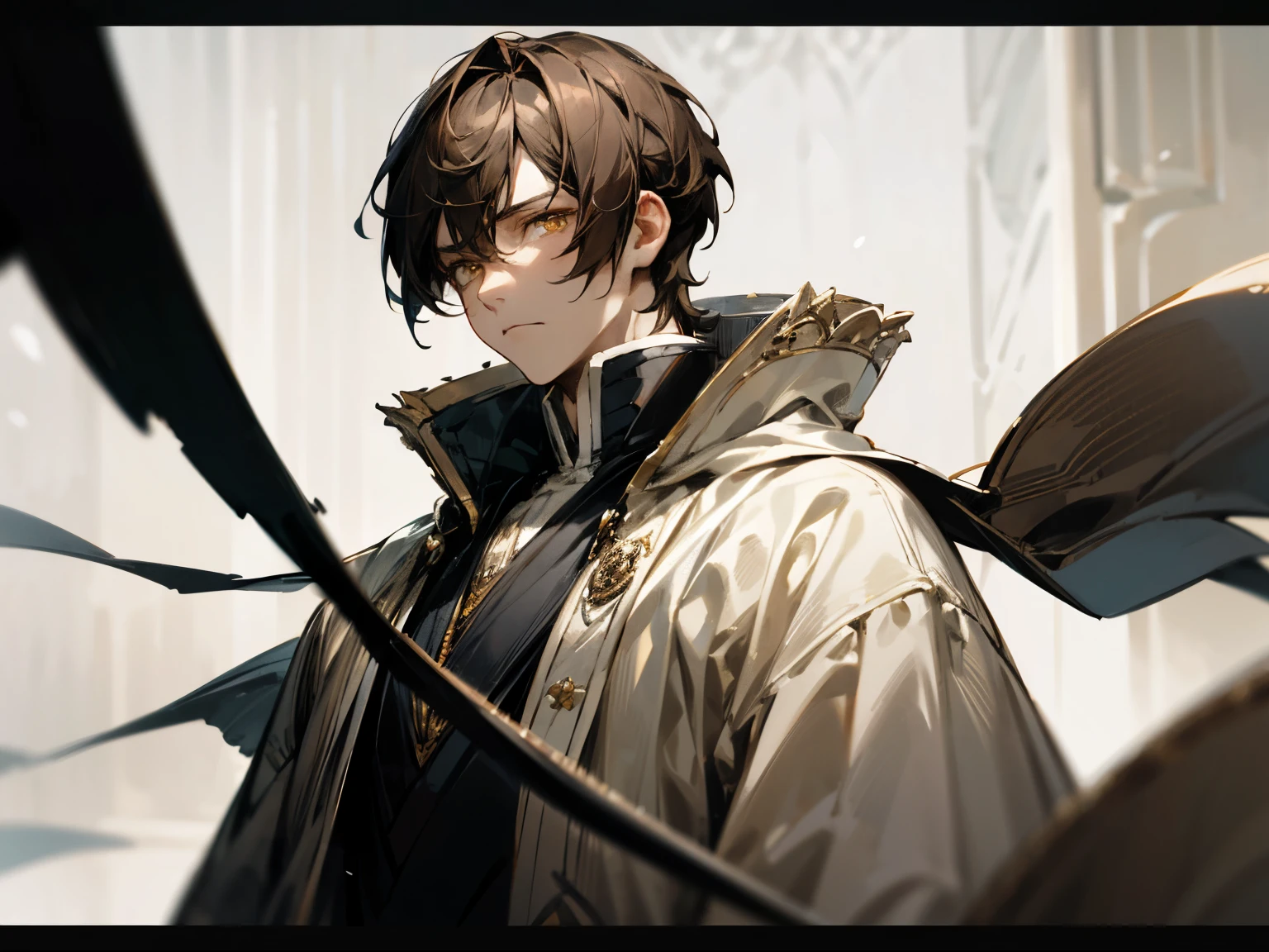 1man, cold, neutral, strict, uncaring expression, prince, straight brown hair, short hair, strict, light yellow eyes, noble, pale skin, dull colors, royal clothes, 20yo, adult face, sharp focus, mature, solo, masculine, blurry foreground, cinematic lighting
