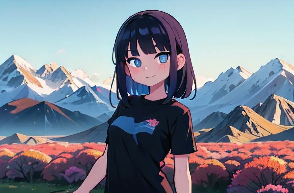 (Ultra bright color, Masterpiece, Best quality, blossom, Warm, soft light, modern, Hi-tech), 1 girl, One, standing tall, full length, (mountains background:1.4), black T-shirt without print, beautiful detailed face, slight smile, (blue) Medium hair, (detailed (blue) Ruby eyes), young, small breasts