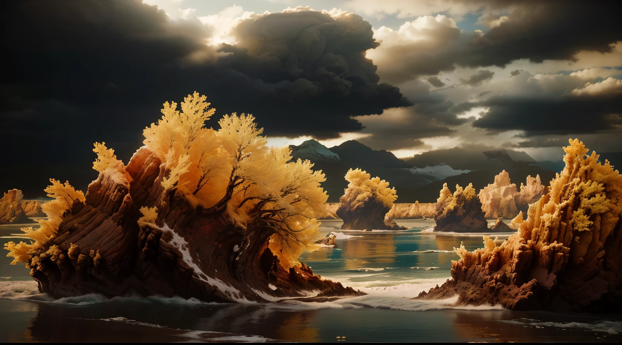 hay una gran cantidad de arena en la playa bajo un cielo nublado, escena surrealista, inspired por Kim Keever, apocalyptic tumultuous sea, hermoso paisaje de playa oscura, Greg Rutkowski. renderizado de octanaje, lago turbulento, Lago lleno de oro fundido, Paisaje profundo de Mandelbulb, paisaje surrealista, por Kim Keever, obra de arte intrincada. renderizado de octanaje, Dramatic landscape