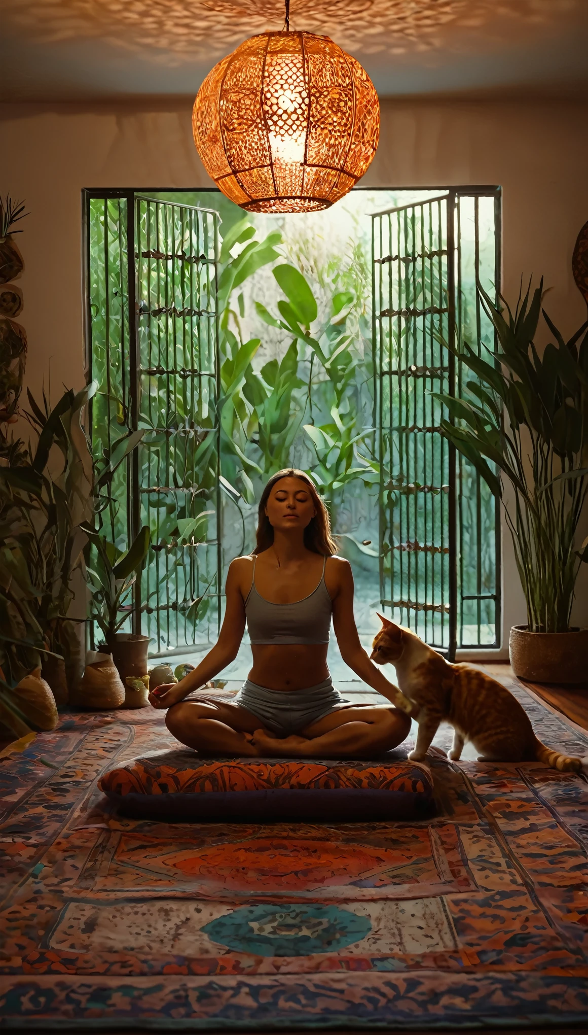 Pessoa ocidental meditando cercada de gatos. The setting is the interior of a beautiful room with boho style decor.. cinematic lighting. Pessoa meditando. meditation. ultra HD pessoa meditando.
