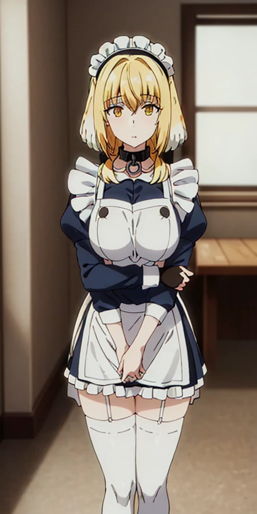 (mature female:1.4), masterpiece, best quality (maid, maid headdress, maid apron), standing, indoors, window, masterpiece, best quality, high quality, white SKIN elf, long hair, white hair, yellow eyes, full body, def_effie, blue breastplate, white skin, looking at viewer, shiny armor, thigh highs, high boots, shoulder armor, faulds, poleyn, gloves, gauntlets