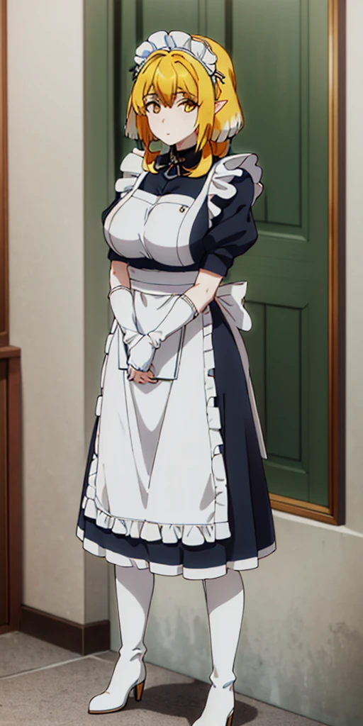 (mature female:1.4), masterpiece, best quality (maid, maid headdress, maid apron), standing, indoors, window, masterpiece, best quality, high quality, white SKIN elf, long hair, white hair, yellow eyes, full body, def_effie, blue breastplate, white skin, looking at viewer, shiny armor, thigh highs, high boots, shoulder armor, faulds, poleyn, gloves, gauntlets