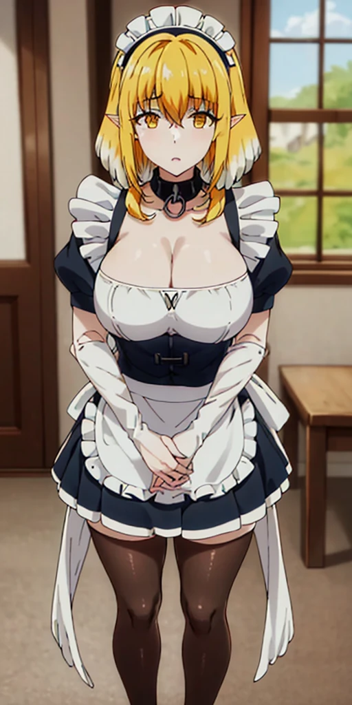 (mature female:1.4), masterpiece, best quality (maid, maid headdress, maid apron), standing, indoors, window, masterpiece, best quality, high quality, white SKIN elf, long hair, white hair, yellow eyes, full body, def_effie, blue breastplate, white skin, looking at viewer, shiny armor, thigh highs, high boots, shoulder armor, faulds, poleyn, gloves, gauntlets