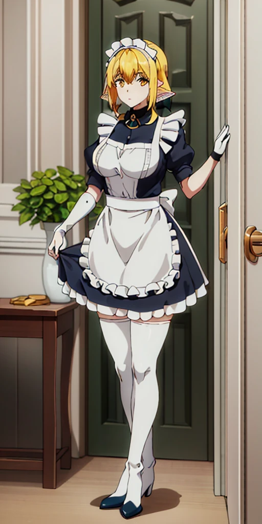 (mature female:1.4), masterpiece, best quality (maid, maid headdress, maid apron), standing, indoors, window, masterpiece, best quality, high quality, white SKIN elf, long hair, white hair, yellow eyes, full body, def_effie, blue breastplate, white skin, looking at viewer, shiny armor, thigh highs, high boots, shoulder armor, faulds, poleyn, gloves, gauntlets