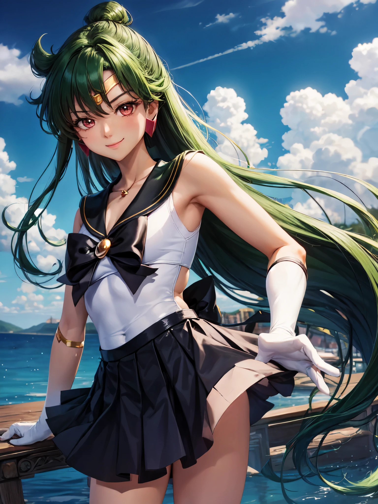 Armpit Show,masterpiece, highest quality, High resolution, One girl, alone, Sailor Pluto, (Fluffy hair), (Flowing Hair), (Single Ponytail)), Elbow hand pockets, Head ornament, Pleated skirt, bow, (Black sailor collar), White gloves, jewelry, Earrings, Cowboy Gun, smile, Grassland in the background, Blue sky and white clouds, headgear, Pause