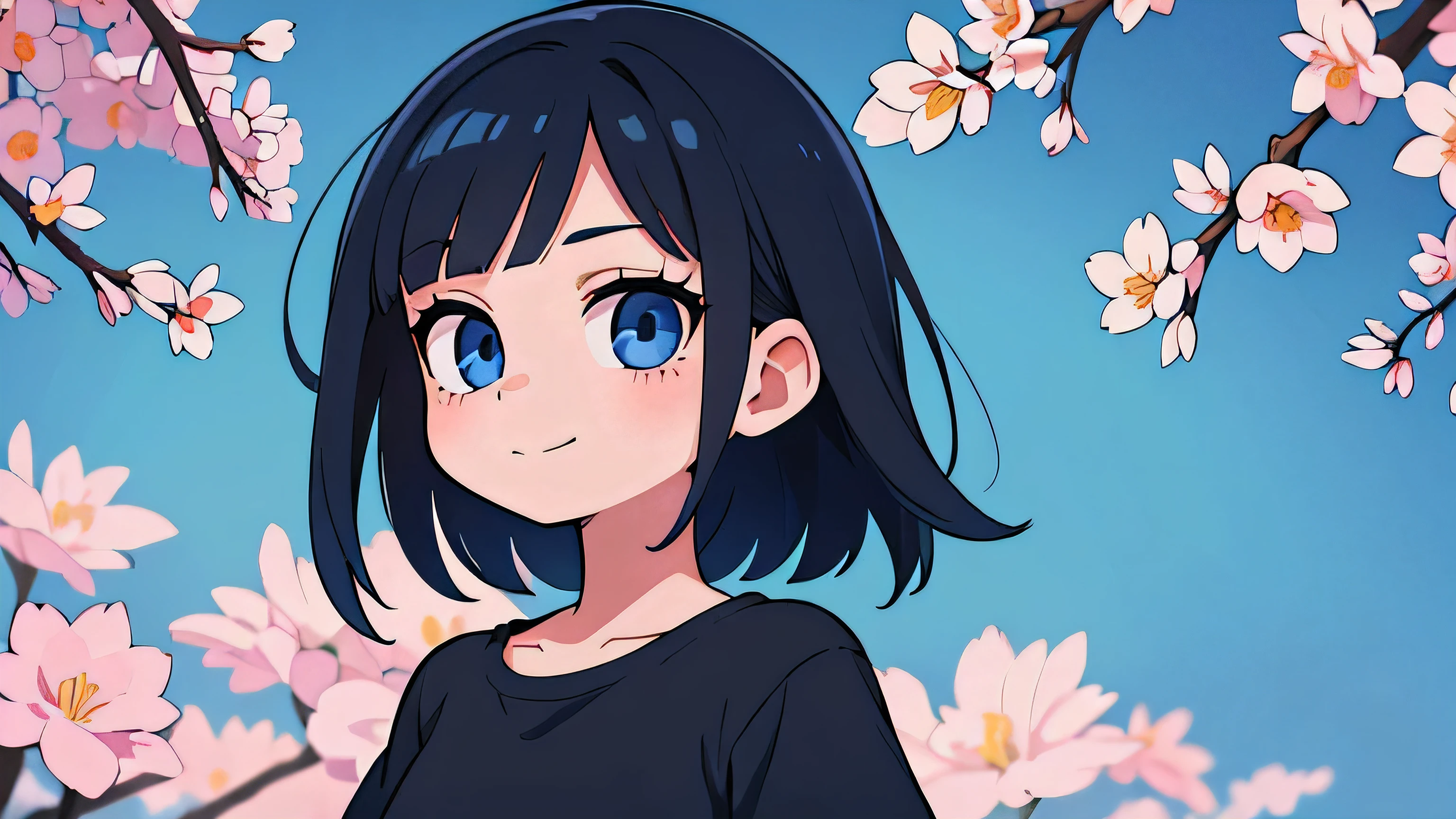 (Ultra bright color, Masterpiece, Best quality, blossom, Warm, soft light, modern, Hi-tech), 1 girl, One, standing tall, (background:1.4), black T-shirt without print, beautiful detailed face, slight smile, (blue) Medium hair, (detailed (blue) Ruby eyes), young, small breasts
