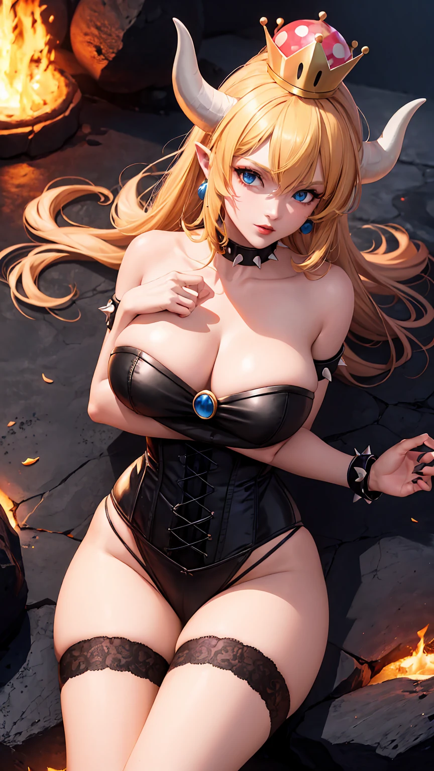 ((high detailed, best quality, 4k, masterpiece, hd:1.3)), ((best quality)), (((HD))), (((8k))), (ultraDH), (ultra HD), Princess Daisy, blue eyes, BREAK blue eyes, seductive, attractive, smooth anime cg art, 36C breasts, long legs, vivid colors, detailed digital art, slim body, perfect skin, dark blonde hair, long hair, blonde hair, blonde hair, BREAK crown, cleavage, 36C cleavage, looking at viewer, BREAK looking at viewer, extremely detailed face, red santa suit, red santa claus suit, santa claus suit, earrings, gem, dark black makeup lips, dark gothic eyeshadows, dark eyeshadows, black eyeshadows, black sexy lips, black lips, (dark:1.2), dark lips, very dark lips, (perfect hands, perfect anatomy), black makeup, black medium lips, black thick lips, detailed fingers, five fingers per hand, 5 fingers, (1 girl), detailed lips, detailed black lips, black painted lips, gothic painted lips, BREAK night, night sky, (breast focus), (arms outstreched:1.2), (from above:1.1), (breasts out:1.3), (off shoulder:1.1), (white horns), (corset), inside a lava castle, she inside a sea of lava, she bathing in lava, full body, perfect long legs, perfect foots, legs and foots into the lava,