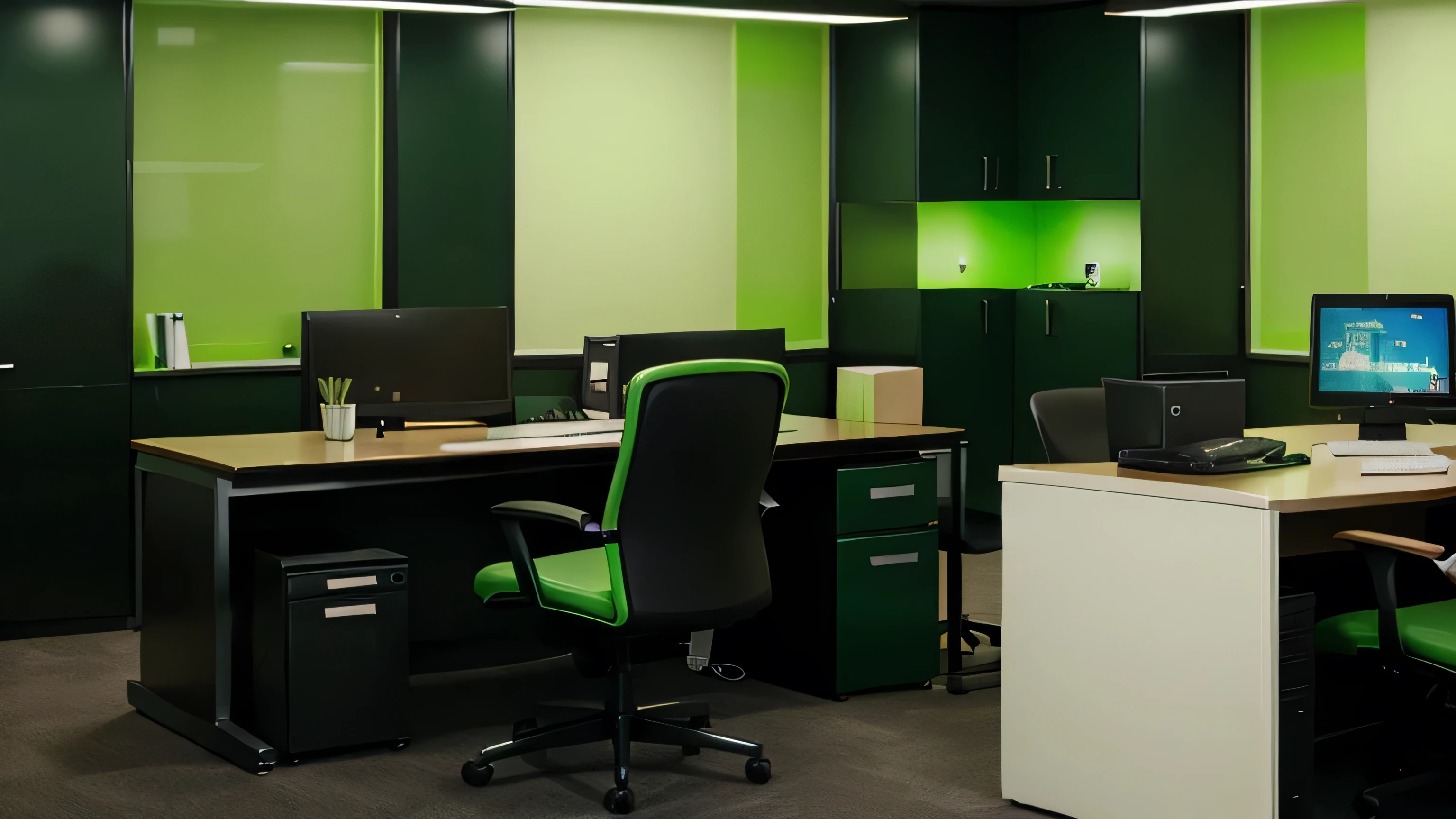 An office with green lights, profissional, elegante, varios computadores