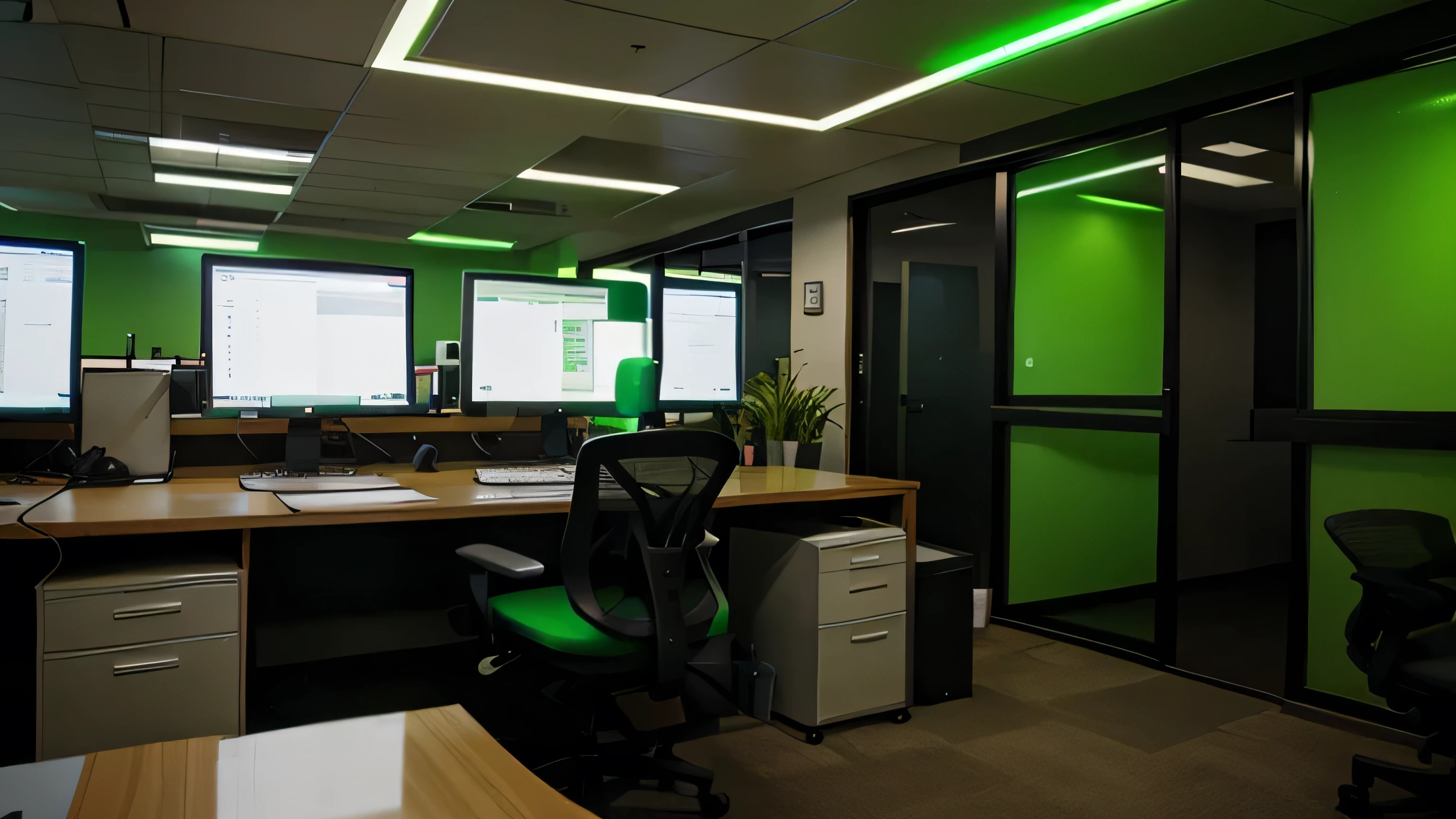 An office with green lights, profissional, elegante, varios computadores