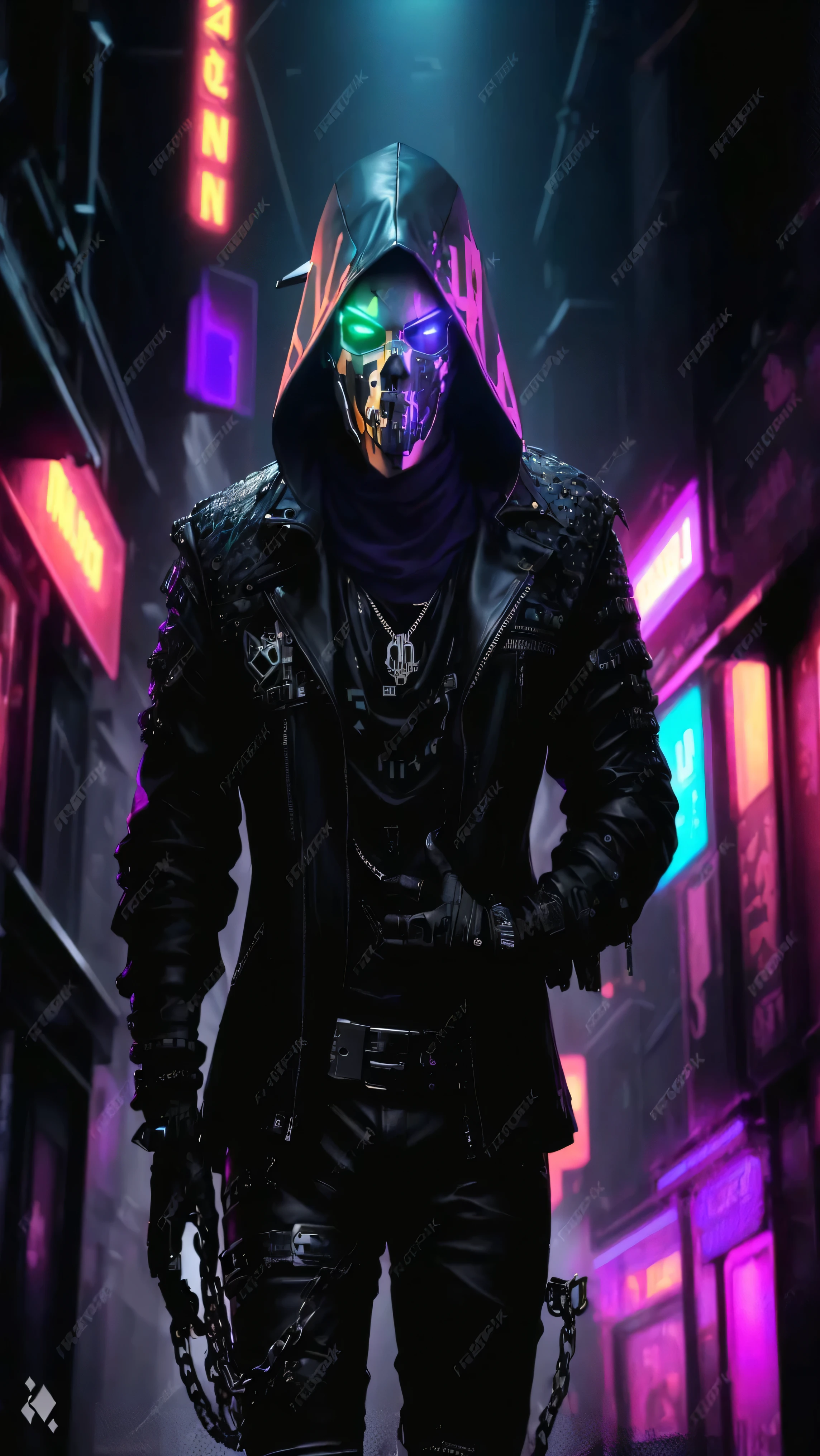 a close-up of a person in a sweatshirt and leather pants, capanga de rua cyberpunk, estilo de arte cyberpunk, esqueleto ciberpunk, assassino ciberpunk, dark cyberpunk illustration, estilo de terror cyberpunk, cores vibrantes cyberpunk, no estilo cyberpunk, cyberpunk hero, tem estilo cyberpunk, hacker ciberpunk, cara ciberpunk, brilho cyberpunk brilhante, arte de fantasia sombria cyberpunk, pintura digital cyberpunk, arte digital cyberpunk