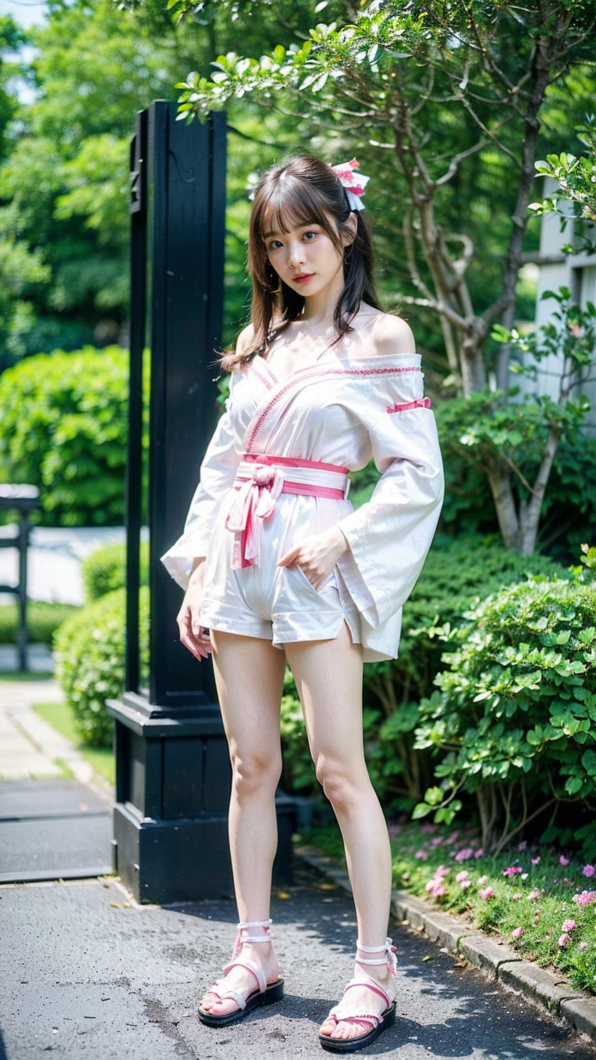 (8k、RAW Photos、highest quality、masterpiece:1.2)、(Realistic、Realistic)、1 girl、((Pink and white、Short shrine maiden costume、Off the shoulder、Long-sleeved kimono、Leg visible、Shorts、Sandals、garden、Ribbon belt、Semi-long hair、Standing with hands on hips))、Lots of eyelashes、Glowing eyelids、skeletally correct