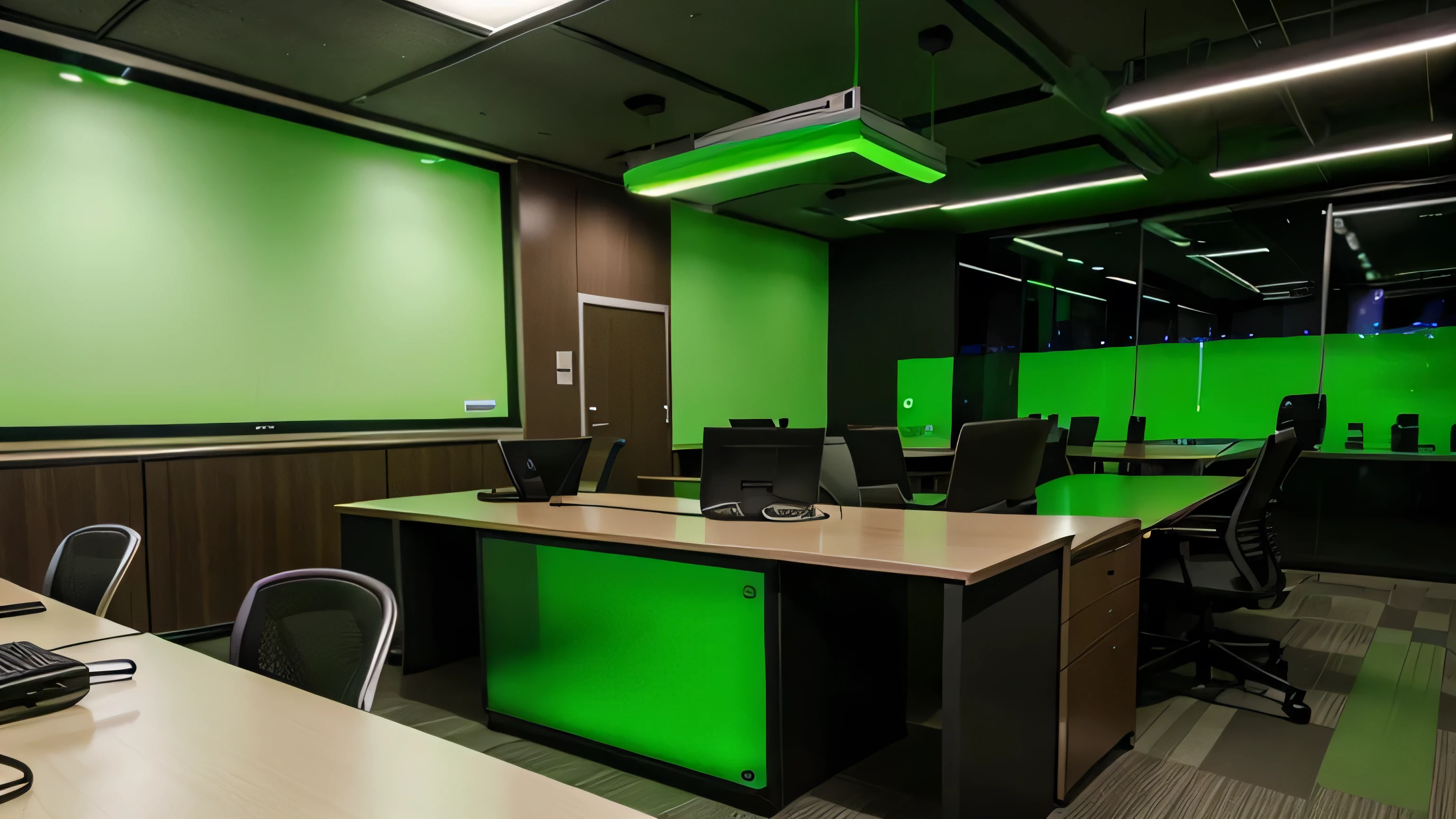 An office with green lights, profissional, elegante, varios computadores