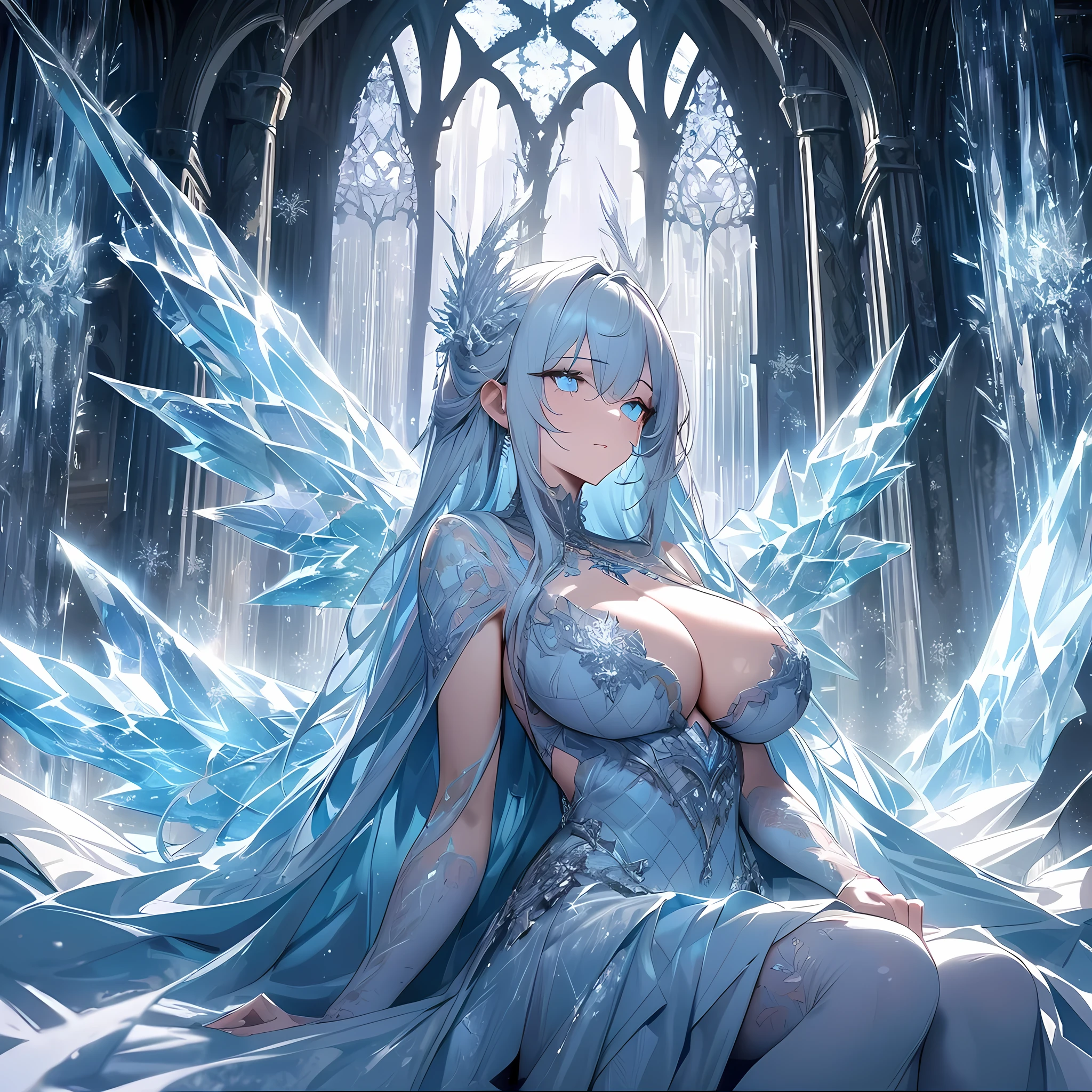 (best quality,highres,masterpiece:1.2),ultra-detailed,white dragon empress sitting on a silver throne,big breasts,cleavage,castle of ice,shimmering snowflakes,frozen pillars,glistening icicles,crystal-clear ice sculptures,majestic and regal presence,elegant and powerful,icy breath,enchanted atmosphere,mesmerizing reflection on the frozen floor,ethereal light filtering through the ice walls,dark and mysterious shadows,distant howling wind,subtle hues of blue and silver,sublime and otherworldly,grandeur of the dragon's wings,glittering scales,sharp and piercing eyes,serene and confident expression,elaborate throne adorned with intricate patterns,ornate and filigree details,imposing and majestic architecture,towering walls of ice,delicate frost patterns,soft and cold touch of the frozen air,icy crystals sparkling under magical moonlight.magical atmosphere,powerful aura,peaceful and tranquil surroundings,whisper of a winter's tale,cowboy shot