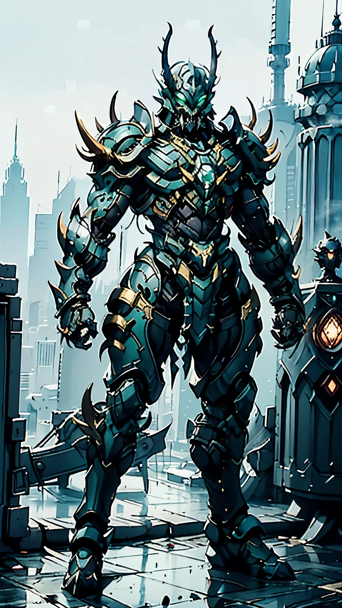 A man wearing a full-face helmet, a fantasy-style biotech armored combat suit, green eyes, (a composite layered chest armor), fully enclosed shoulder guards, matching arm and leg guards, the belt is adorned with fangs biting into gem, (the color scheme is primarily black with red accents), the design balances heavy with agility, a high-tech bio-mecha armor, (Armor Concept Inspired by Lion, stand on the top of a skyscraper in a futuristic sci-fi city), this character embodies a finely crafted fantasy-surreal style armored hero in anime style, exquisite and mature manga art style, (element, plasma, energy, the armor glows), ((male:1.5)), metallic, real texture material, dramatic, high definition, best quality, highres, ultra-detailed, ultra-fine painting, extremely delicate, professional, perfect body proportions, golden ratio, anatomically correct, symmetrical face, extremely detailed eyes and face, high quality eyes, creativity, RAW photo, UHD, 32k, Natural light, cinematic lighting, masterpiece-anatomy-perfect, masterpiece:1.5