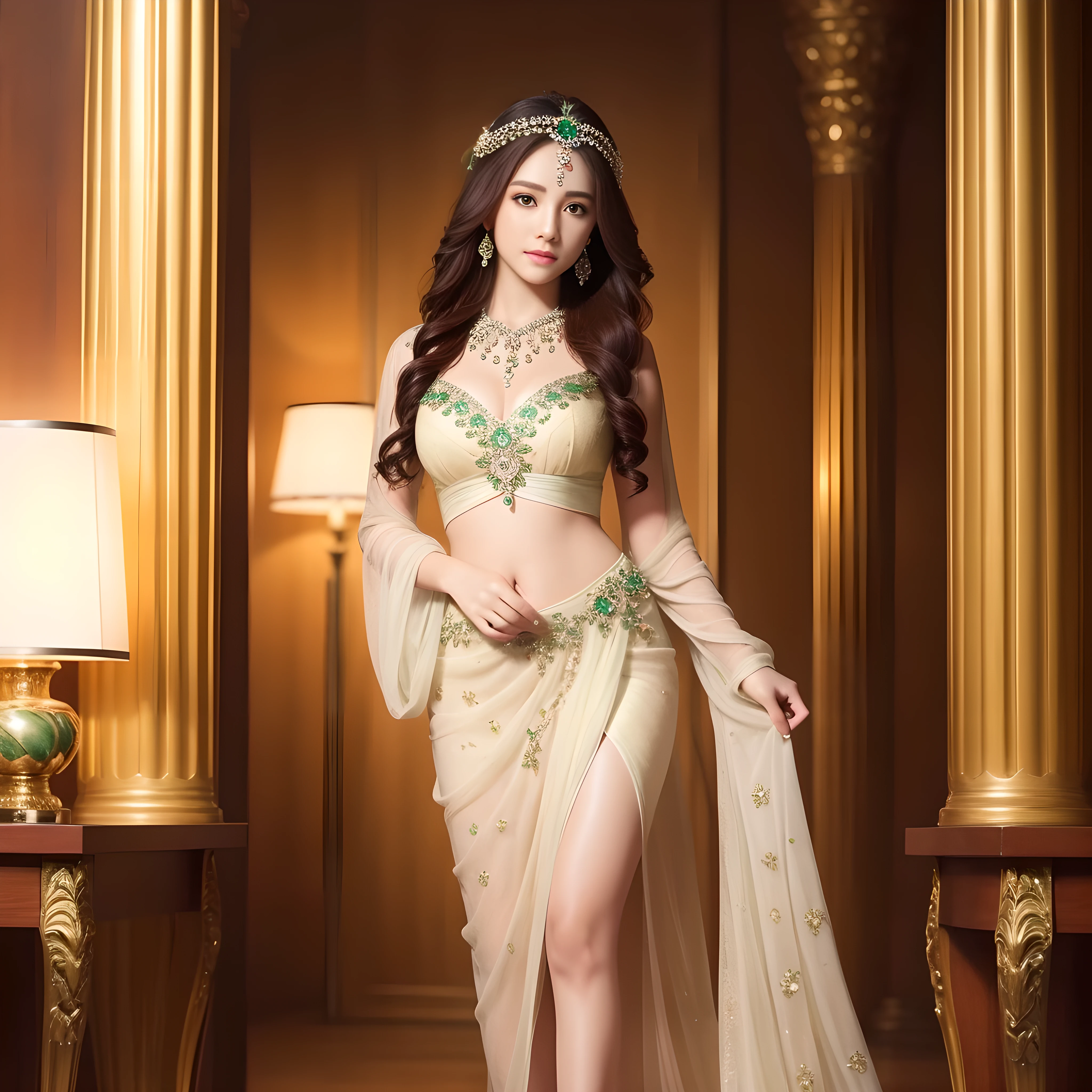 Beautiful gorgeous goddess full body, Pretty face, Intricate details, Charm, , Realistic, Soft Hair, High resolution, Emerald Green Dress, 