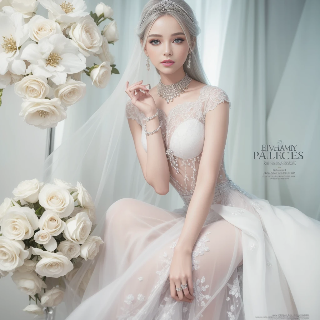 Present something attractive "Fashionista" Magazine Cover, pure white themed design. Our cover young model girl is the embodiment of beauty and charm, Captivate all with her stunning presence. Flowing silver hair flows down gracefully, Perfectly harmonized with elegant and elegant makeup. Her piercing ocean blue eyes draw you in, Reflects depth and charm, Although her lips resemble delicate rose petals, In addition to her enchanting charm. Wearing a breathtaking sleek mini lace gown, Decorated with intricate precious metals and jewelry decorations, She embodies the essence of elegance and luxury in a bright pale white shade. The dress emphasizes her beauty, Introducing her as the epitome of sophistication and talent. The cover background is a visual marvel, Features a harmonious blend of delicate petals and shimmering gemstones, Create an atmosphere of ethereal beauty. Flowers add a touch of romance and charm, Although gems shimmer like precious treasures, Enhance the appeal of a scene. This "Fashionista" Magazine cover celebrating the charm of pale white, Captivates readers with the touching beauty of stunning models decorated with ornate and intricate ensembles. With its luxurious charm and graceful finesse, The cover is、Promises an enchanting journey into the world of fashion and style, An indispensable item in the collection of every fashionista.