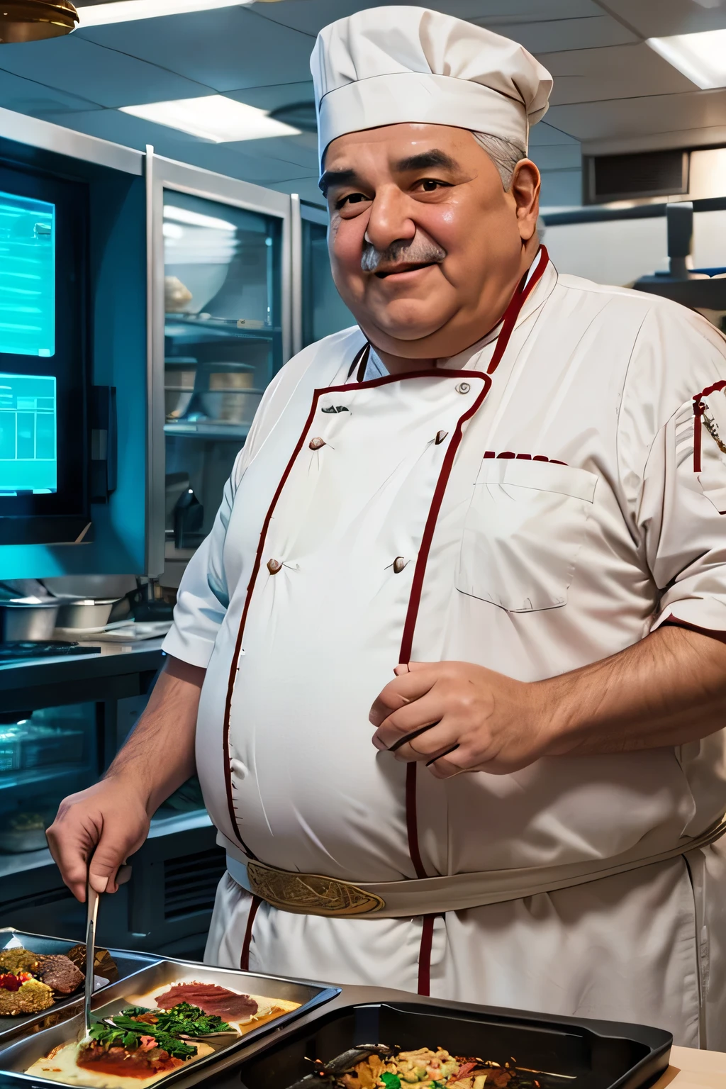 happy and old fat Persian chef . cooking food in a data-center. servers lightnings